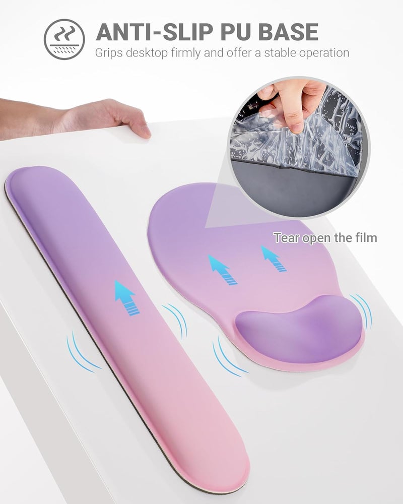 Laborio Ergonomic Mouse Pad Wrist Support Set, Memory Foam Keyboard Wrist Rest Set, Keyboard Pad, Non-Slip Base Mousepad(Gradient Pink Purple Set) - Image 4